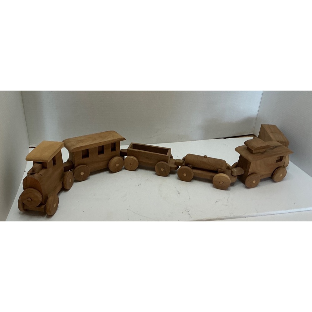 Unbranded Vintage Wooden Toy Train Set 6 Piece Natural Wood Primitive Decor OS